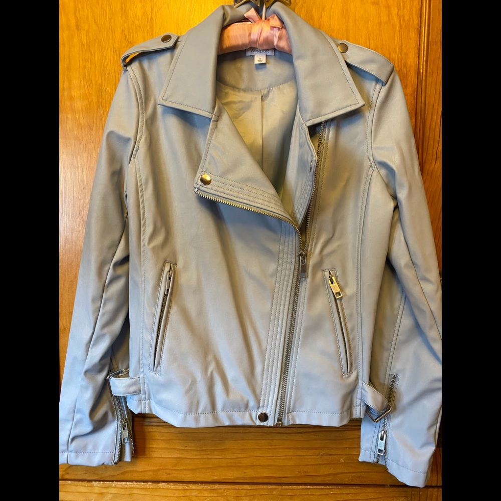 Lined light blue faux leather Moto style jacket